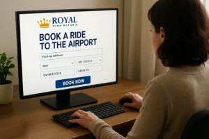 Woman on computer booking a car to the airport for Royal Airport Service