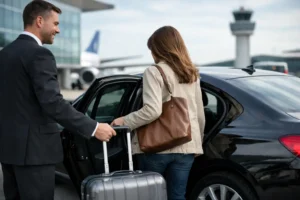 Man in a suit assists a woman as she steps toward a black car at an airport, pulling a silver suitcase toward the trunk as a control tower and terminal are in the background.