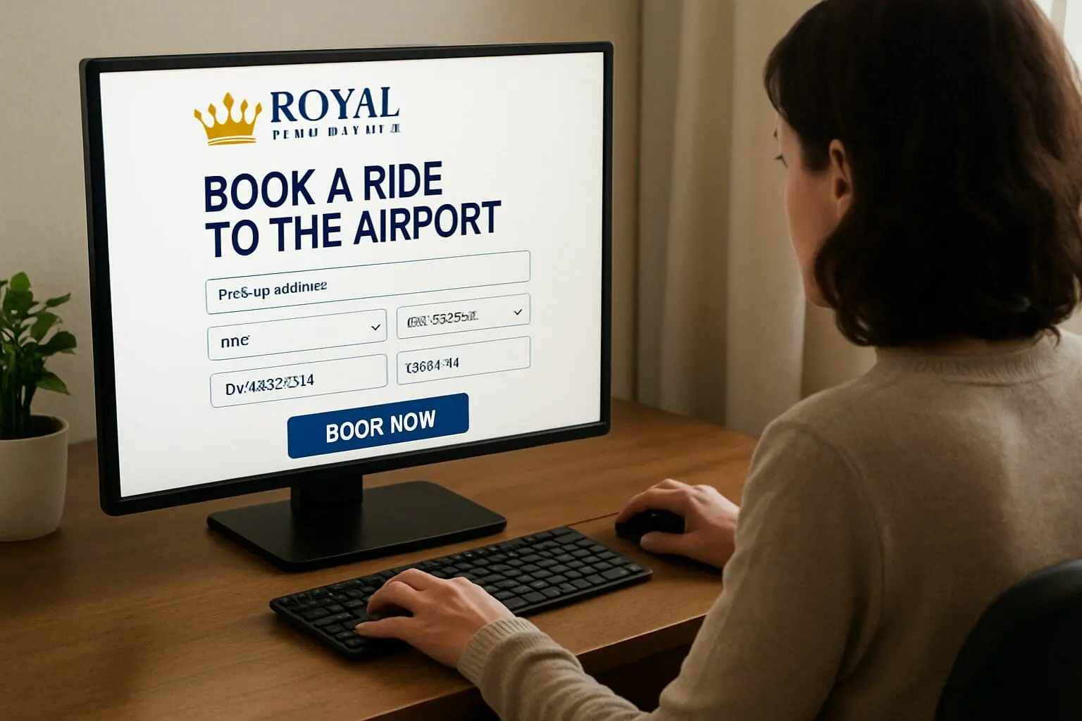 Woman on computer booking a car to the airport for Royal Airport Service